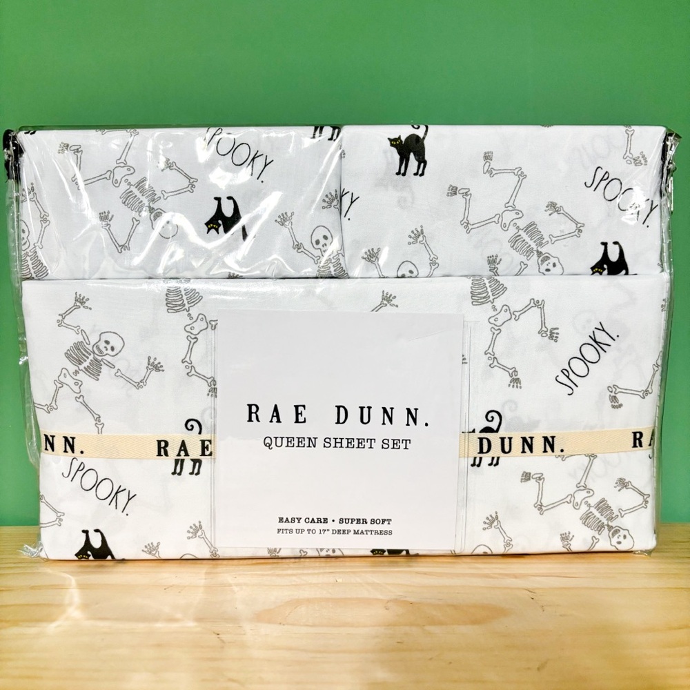 RAE DUNN *NEW* Spooky Skeleton Black Cat Halloween Queen Sheet Set Goth